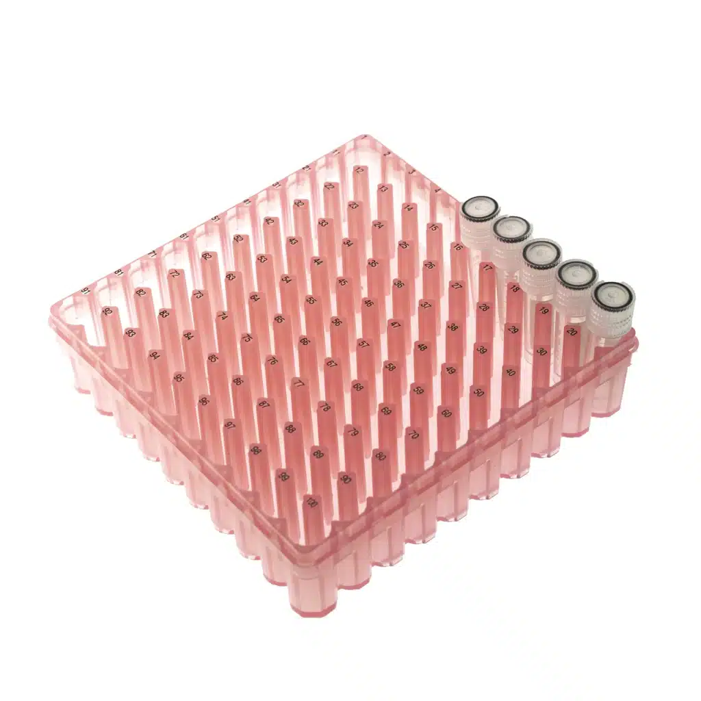 Kriopudełko na probówki do mrożenia, poliwęglan (PC), 100 miejsc, czerwone