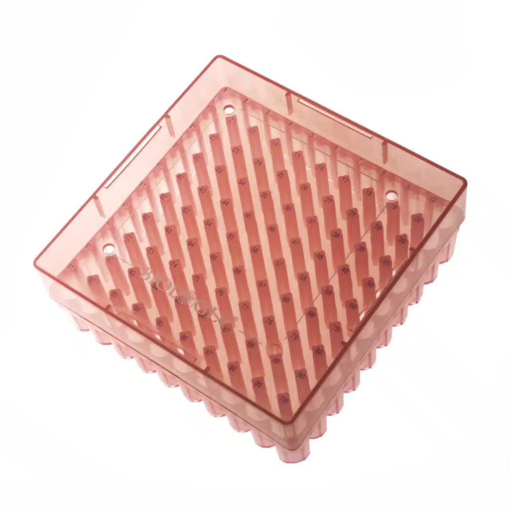 Kriopudełko na probówki do mrożenia, poliwęglan (PC), 100 miejsc, czerwone