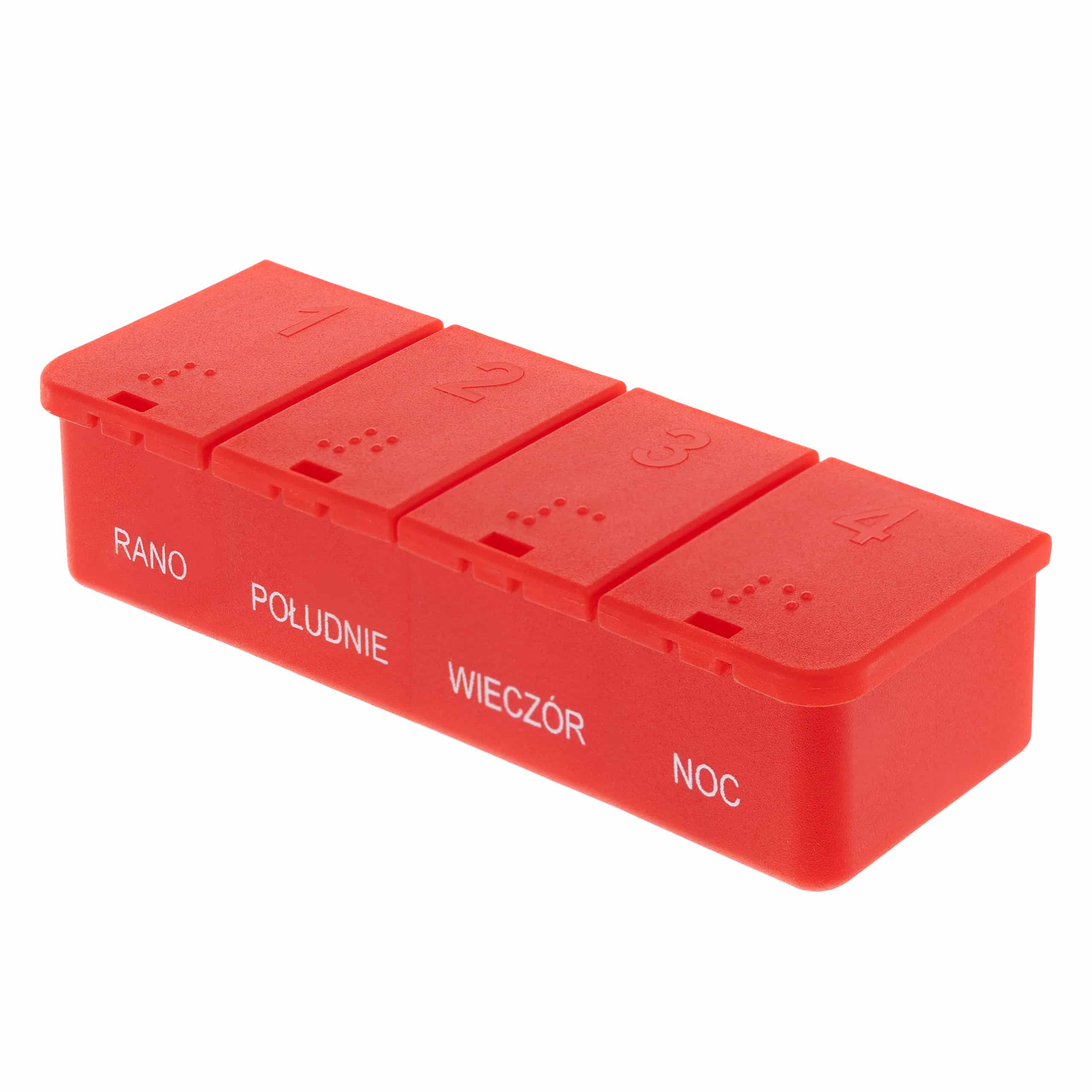 Kasetka na leki, jednodniowa – 4 pory dnia, dla słabowidzących, Braille