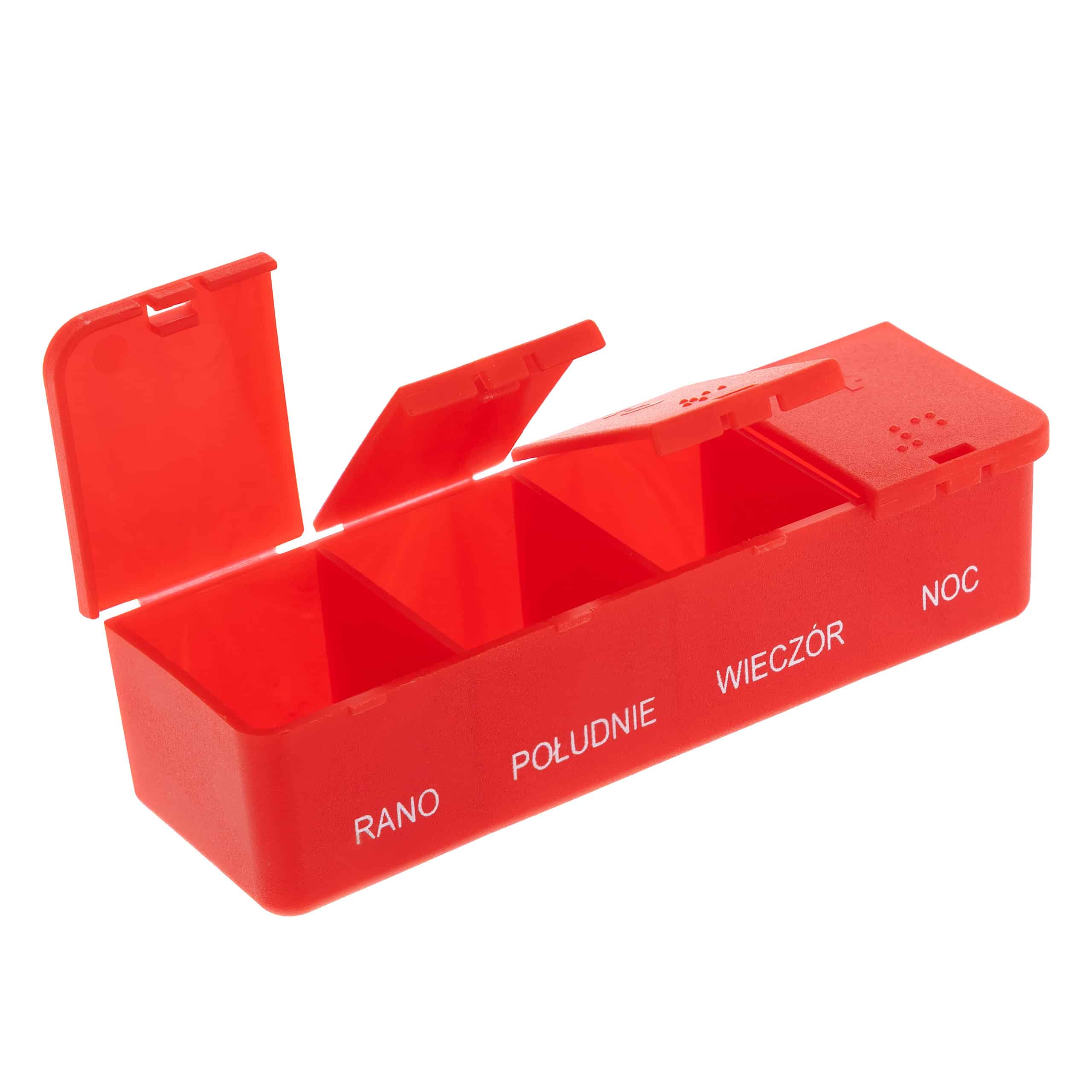 Kasetka na leki, jednodniowa – 4 pory dnia, dla słabowidzących, Braille