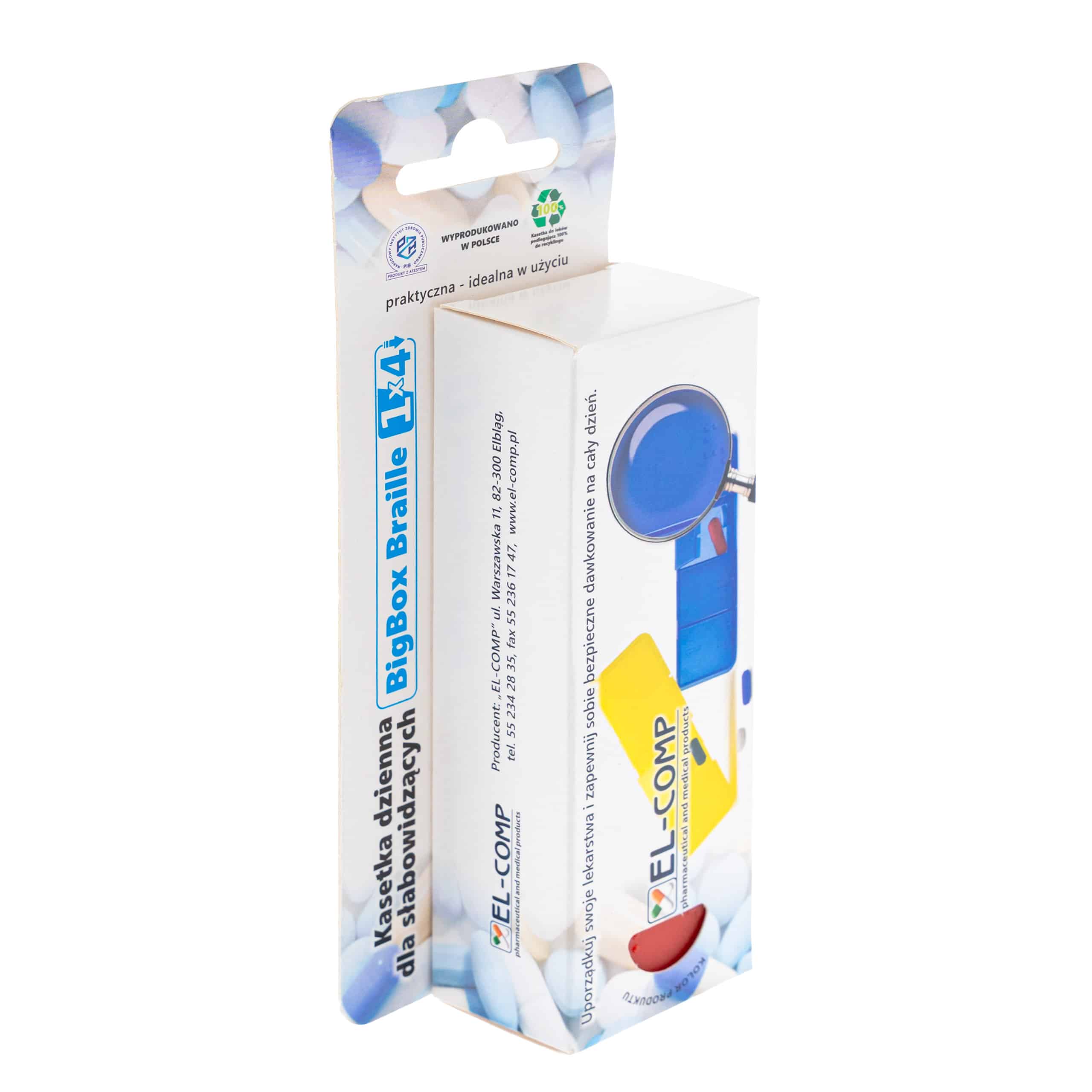 Kasetka na leki, jednodniowa – 4 pory dnia, dla słabowidzących, Braille